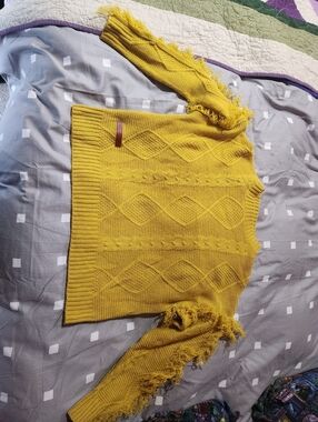 Simply Southern Mustard Yellow Fringe Cable-Knit Sweater Small